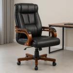 Executive Leather Office Chair with Wooden Armrests